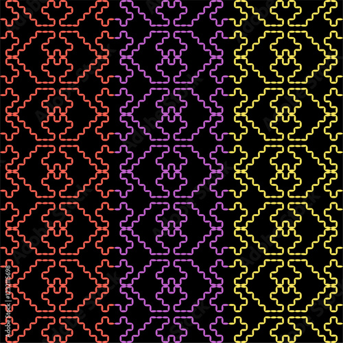 India stitch Kasuti embroidery abstract artwork seamless geometric pattern printed background fabric wallpaper hand drawn line colorful black ethnic

