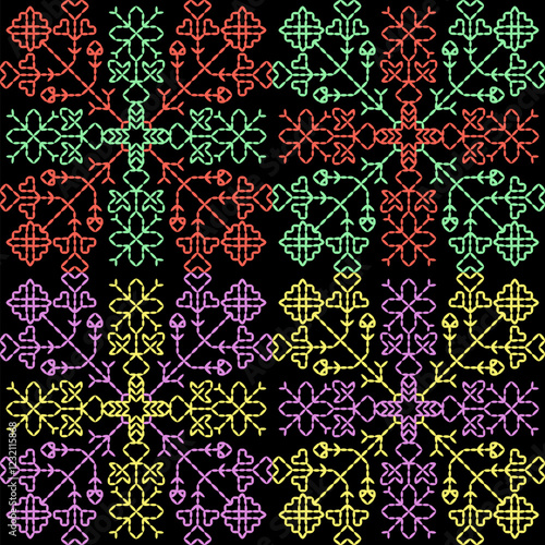 India stitch Kasuti embroidery abstract artwork seamless geometric pattern printed background fabric wallpaper hand drawn line colorful black ethnic

