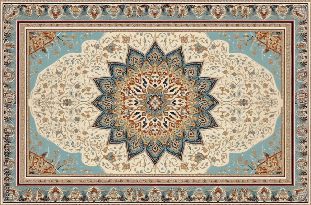 Fototapeta premium Authentic oriental rug with elaborate floral and geometric motifs, deep red and gold hues, and vintage charm. A detailed and richly patterned textile background for classic and cultural styling.