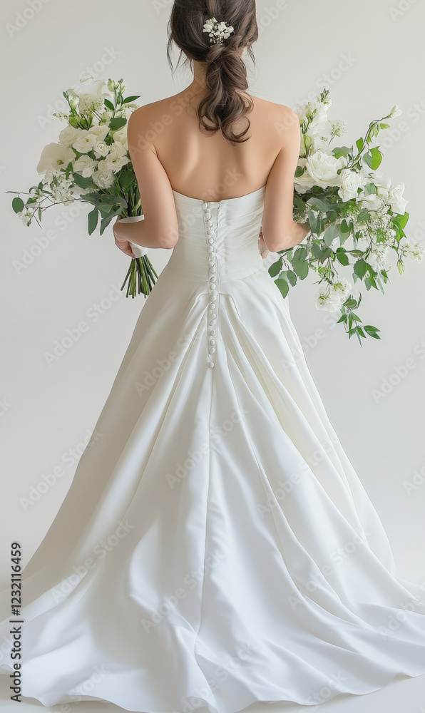 The silhouette of a woman wearing a white wedding dress, holding flowers in her hands The silhouette of a woman wearing a white wedding dress, holding flowers in her hands