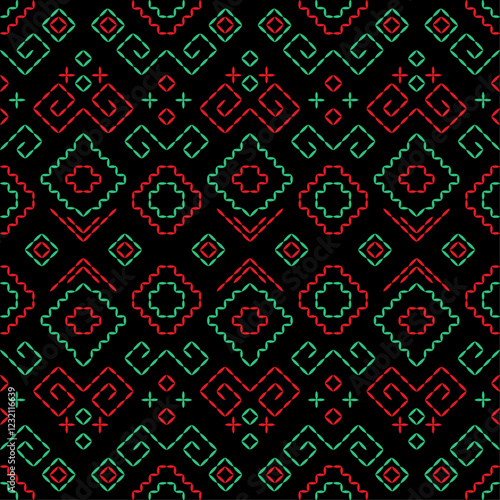 India stitch Kasuti embroidery abstract artwork seamless geometric pattern printed background fabric wallpaper hand drawn line colorful black ethnic

