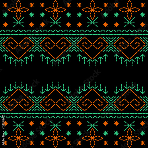 India stitch Kasuti embroidery abstract artwork seamless geometric pattern printed background fabric wallpaper hand drawn line colorful black ethnic

