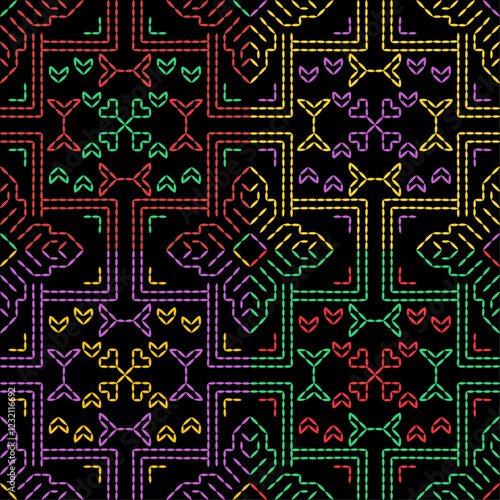 India stitch Kasuti embroidery abstract artwork seamless geometric pattern printed background fabric wallpaper hand drawn line colorful black ethnic

