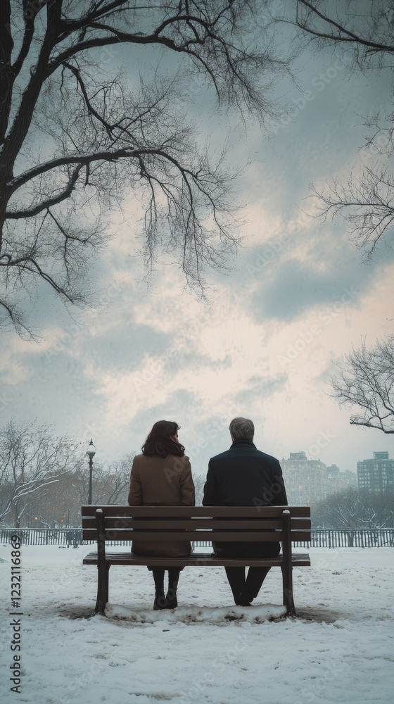 Couple sitting on bench in snowy park during winter Couple sitting on bench in snowy park during winter