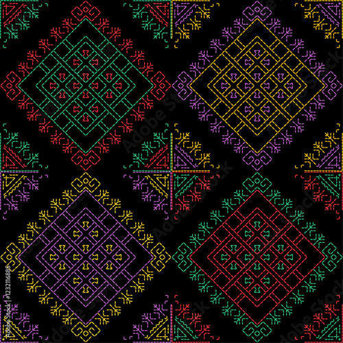 india stitch Kasuti embroidery ethnic abstract artwork seamless geometric pattern printed background fabric wallpaper hand drawn line

