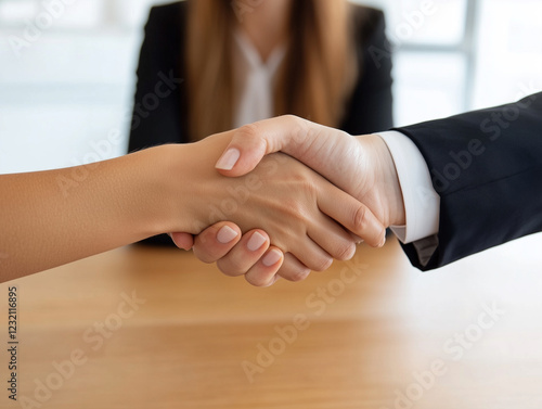 Fototapeta Naklejka Na Ścianę i Meble -  Happy mid aged business woman manager handshaking at office meeting. Smiling female hr hiring recruit at job interview, bank or insurance agent, lawyer making contract deal with client at work.