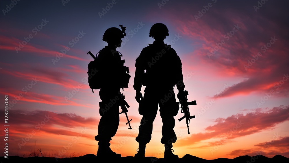 Fototapeta premium Silhouetted soldiers stand against a vibrant sunset sky, armed and ready.