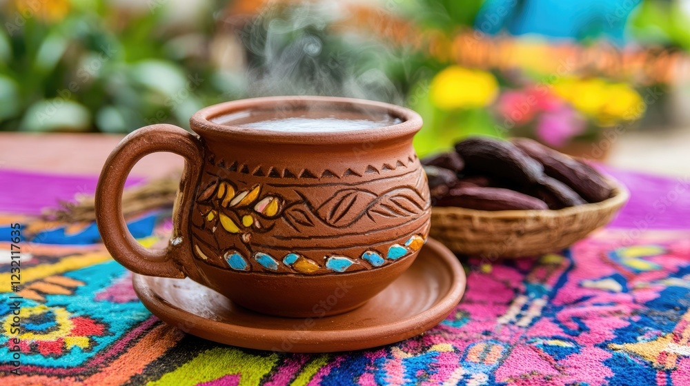A traditional clay mug filled with a steaming hot chocolate made from local cacao. A traditional clay mug filled with a steaming hot chocolate made from local cacao.