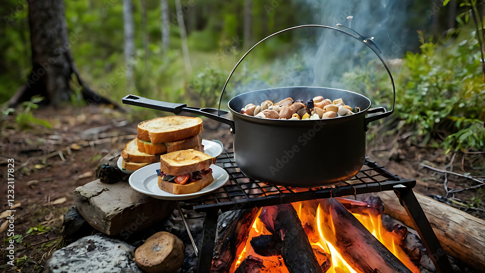 image of a camping trip with cooking over a fire. A pot hangs over a fire with wildlife all around image of a camping trip with cooking over a fire. A pot hangs over a fire with wildlife all around