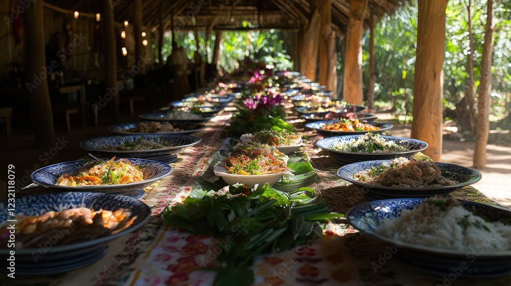 A traditional festival feast table with local dishes arranged beautifully. A traditional festival feast table with local dishes arranged beautifully.