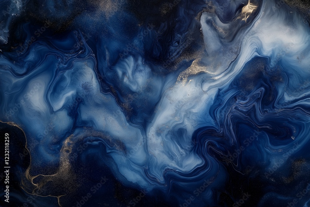 Dark navy and sapphire alcohol ink abstract background with silver metallic details.