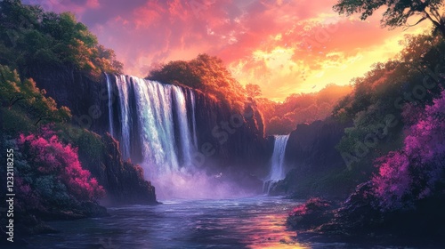 Fototapeta Naklejka Na Ścianę i Meble -  Majestic waterfall landscape with vibrant colors of sunrise and lush vegetation