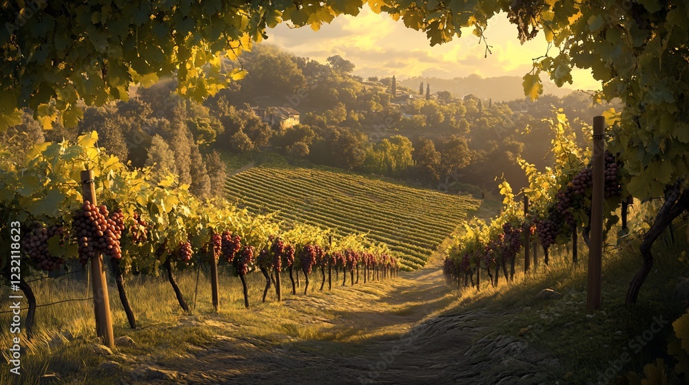 Fototapeta premium Vineyard sunset, Tuscan hills, grape harvest, idyllic landscape, wine production