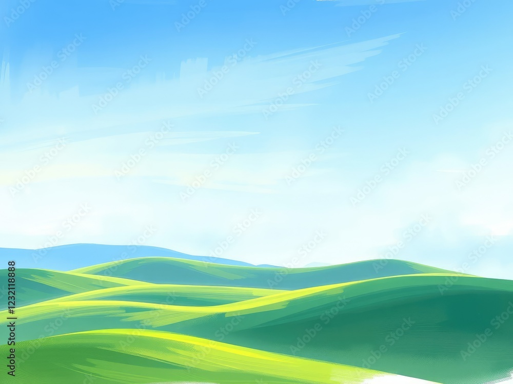 Gentle blue sky with sweeping brush strokes of green hills and yellow sunbeams, natural elements, calming ambiance, serene atmosphere Gentle blue sky with sweeping brush strokes of green hills and yellow sunbeams, natural elements, calming ambiance, serene atmosphere