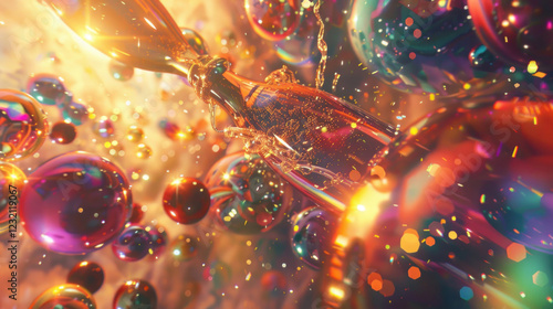 Champagne and balloons visualized with a celebration with vibrant energy, highly detailed