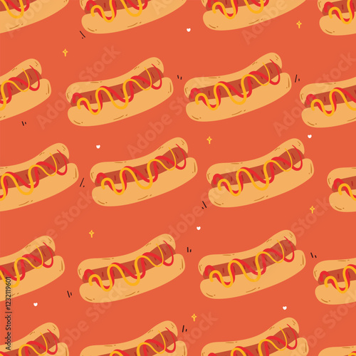 seamless pattern cute cartoon hotdog with sauce. cute food pattern for wallpaper, background and gift wrap paper