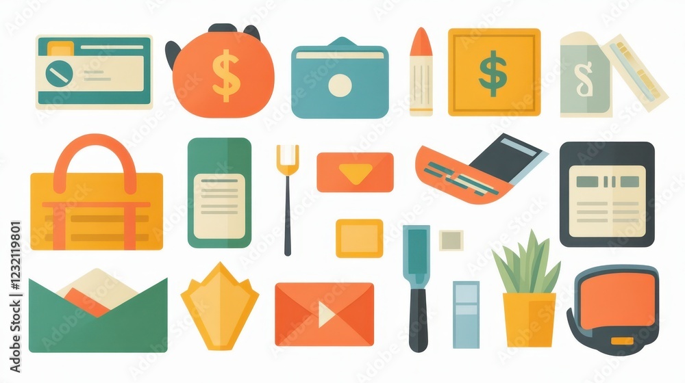 Collection of pixel art icons depicting everyday objects, including wallets, credit cards, envelopes, and household items, in a flat style with muted Collection of pixel art icons depicting everyday objects, including wallets, credit cards, envelopes, and household items, in a flat style with muted