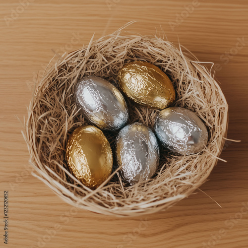 Wallpaper Mural A Easter basket with chocolate eggs wrapped in silver and gold foil Torontodigital.ca