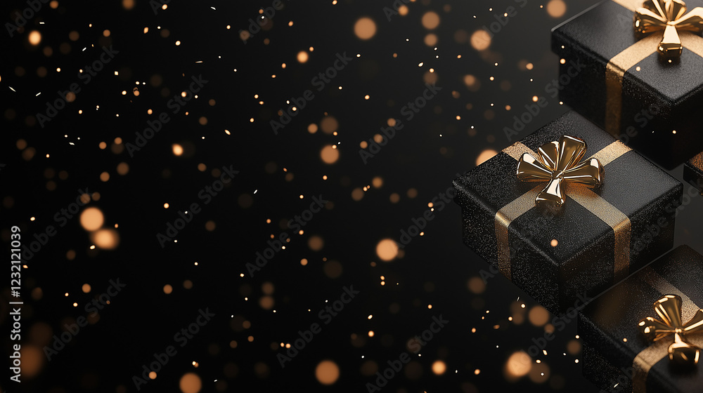 Obraz premium Black Gift Boxes with Gold Bows: A trio of elegant black gift boxes adorned with gold bows rests on a dark background, illuminated by a cascade of golden bokeh lights.