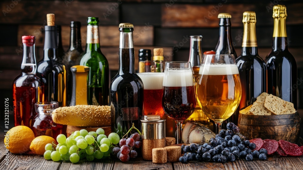 Fototapeta premium Aromatic Beverage Collection: A Still Life of Wine, Beer, and Gourmet Snacks