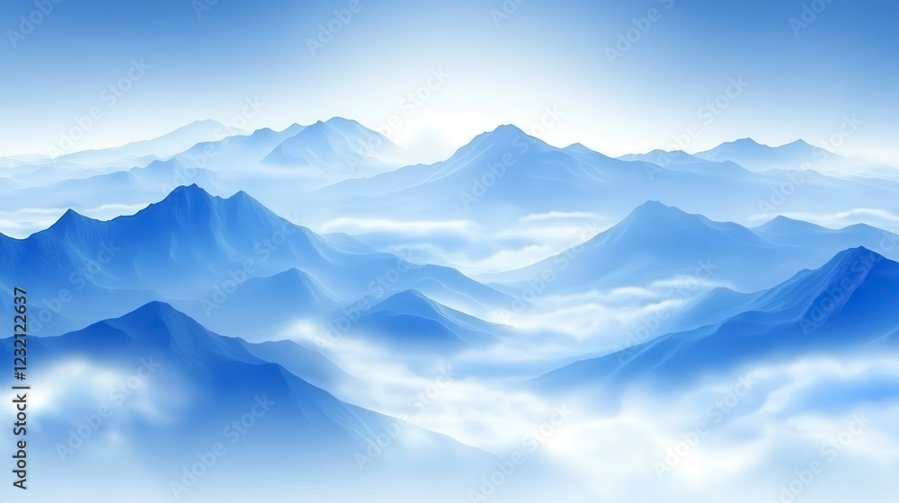 Blue mountains ascend above a sea of clouds under a bright sky, creating a serene and ethereal landscape. The image uses a soft, diffused light Blue mountains ascend above a sea of clouds under a bright sky, creating a serene and ethereal landscape. The image uses a soft, diffused light