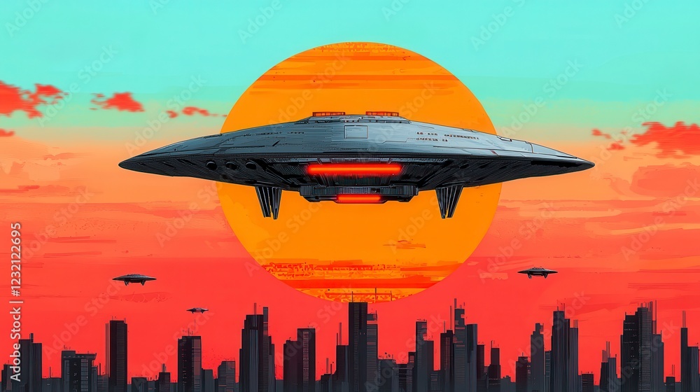 Naklejka premium Futuristic Flying Saucer Over Cityscape at Sunset with Vibrant Colors