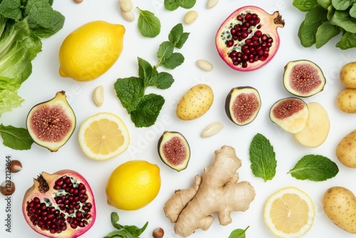 Flat lay of fresh fruits, vegetables, and nuts on white background. photo