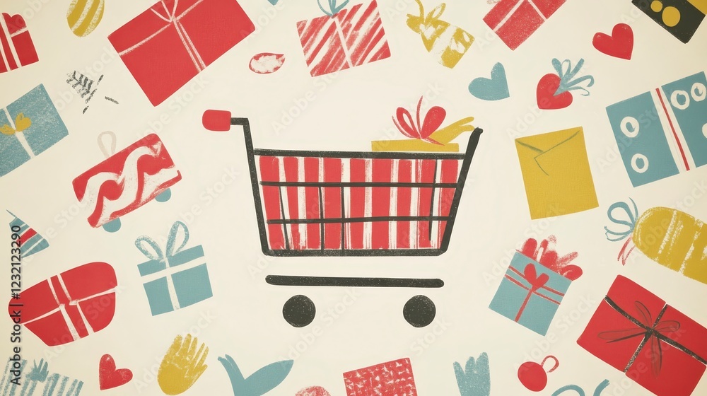 Red and white striped shopping cart full of gifts surrounded by various presents and festive icons on a beige background. Simple, hand drawn style Red and white striped shopping cart full of gifts surrounded by various presents and festive icons on a beige background. Simple, hand drawn style