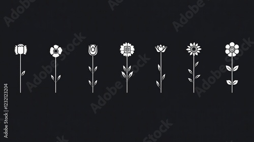 Wallpaper Mural Pixel art illustration of seven flower growth stages, from bud to bloom, in white on a dark gray background. Simple, minimalist style Torontodigital.ca