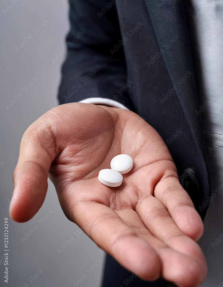 スーツを着た男性が、手の平の上に薬を乗せてこちらに差し出している。 スーツを着た男性が、手の平の上に薬を乗せてこちらに差し出している。