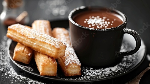 Churros with Chocolate: Golden-brown churros dusted with sugar, served alongside a cup of thick, rich hot chocolate for dipping.