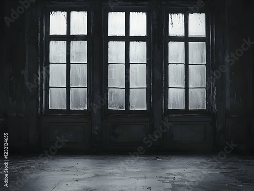 Dark room  three old windows  city view  abandoned building  interior design