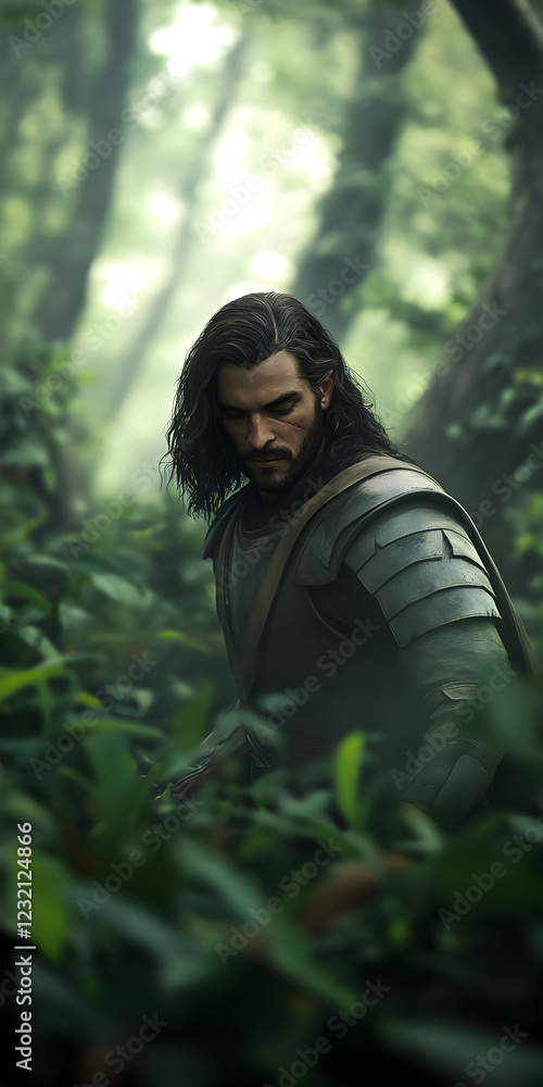 A shadowy elf with long dark hair, wearing light armor, silently moving through a dense, enchanted forest.
A shadowy elf with long dark hair, wearing light armor, silently moving through a dense, enchanted forest.