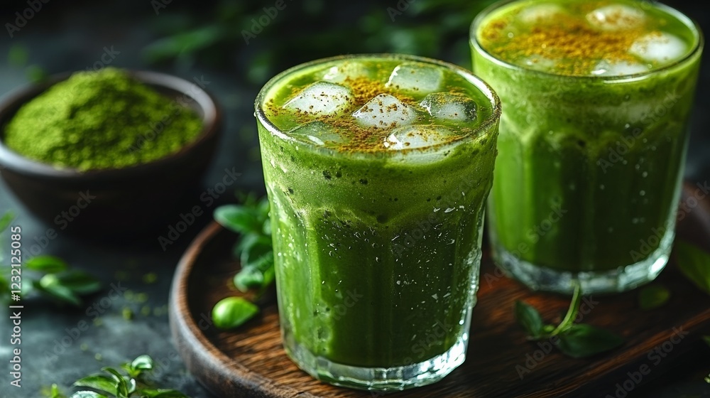 Iced matcha latte with ice cubes and turmeric powder is being prepared Iced matcha latte with ice cubes and turmeric powder is being prepared