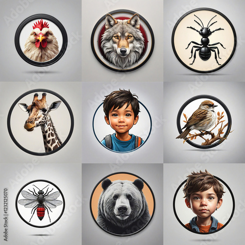 Nine circular avatar designs, perfect for game apps.  Each features a unique illustration of a person or animal, showcasing diverse styles and  high-quality digital art. photo