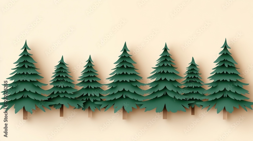 Obraz premium Row of stylized green evergreen trees on a beige background. Paper cut out style illustration with shadows. Simple, minimalist design