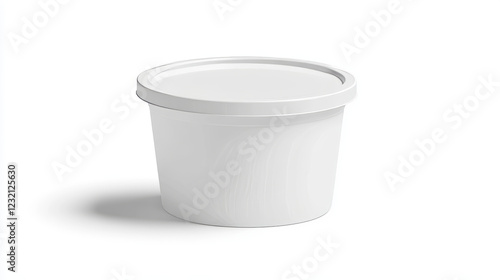White plastic yogurt or cream cup package mockup. 3d blank yoghurt pot container with lid mock up. Empty round dairy food isolated bottle. Closed glossy yougurt packaging with clear brand label set