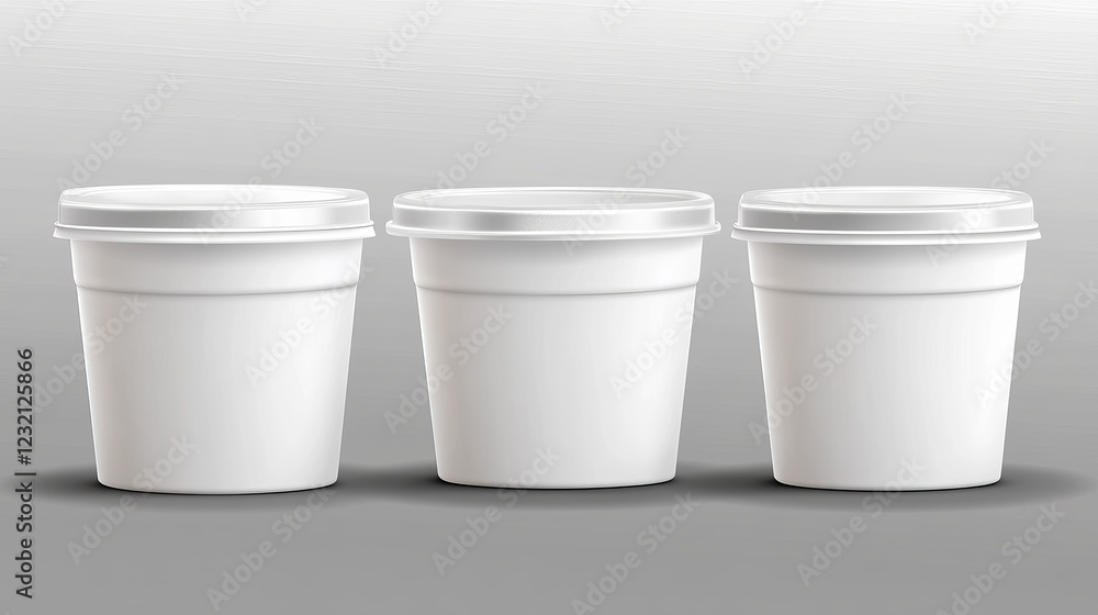 Plastic cup, container or package for yoghurt and dairy products isolated vector mockup. White jars with foil lid, oval or round tubs front and top view on transparent background, Realistic 3d mock up Plastic cup, container or package for yoghurt and dairy products isolated vector mockup. White jars with foil lid, oval or round tubs front and top view on transparent background, Realistic 3d mock up