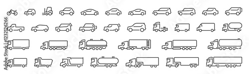 Transport icon set. Car icons set. Car, vehicle, automobile, transport linear icon collection. Car types vector icons.