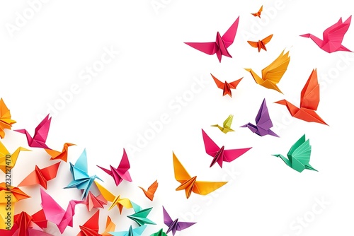 Colorful Origami Birds Soaring Against a White Background
