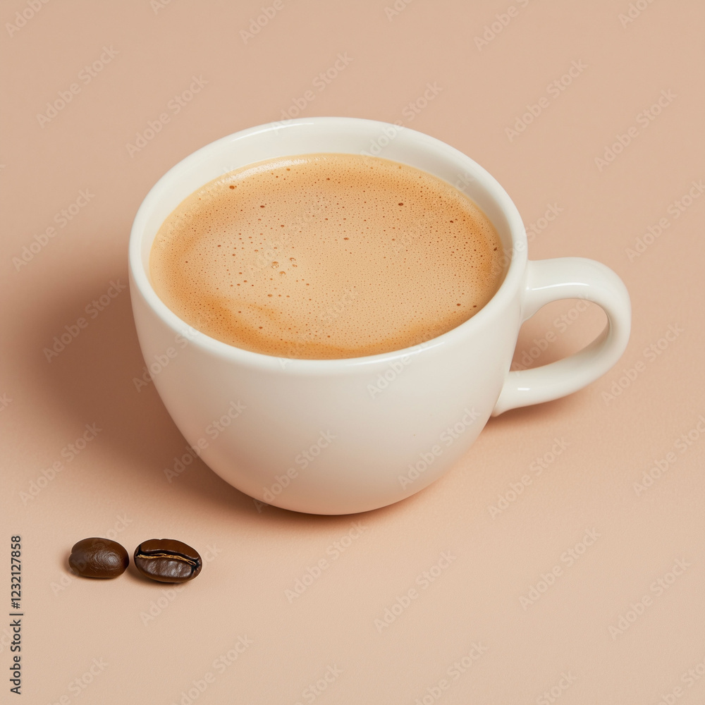 Fototapeta premium A modern white ceramic coffee cup with frothy cappuccino foam, placed on a light brown background