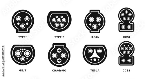 Types of electric car charging plugs. Types of connectors for charging electric cars. Electric car vehicle chargers type. Types of plugs. Charging connector plug