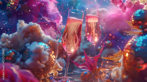 Champagne for new year visualized with a surreal and dreamlike effect, highly detailed photo