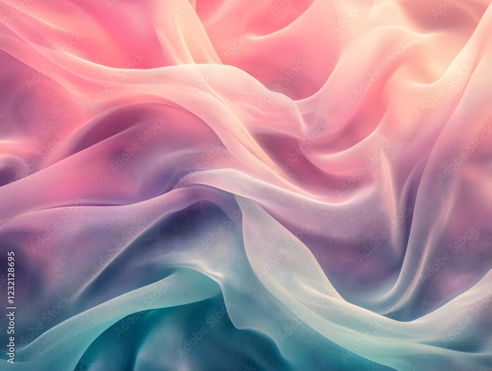 Obraz premium Dreamy Drapes of Pastel Hues: A mesmerizing, abstract close-up shot capturing the delicate flow of a pastel fabric in a gradient of soft pink, blue, and yellow hues.