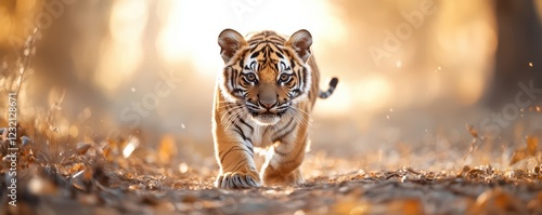 Majestic young tiger stalking in golden forest setting