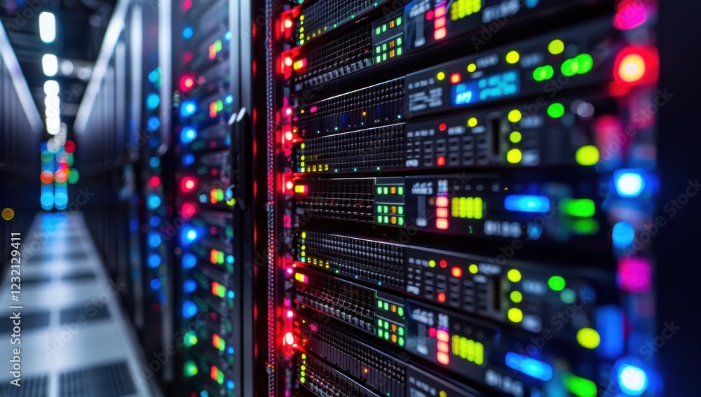 A row of computer servers with colorful lights on them A row of computer servers with colorful lights on them