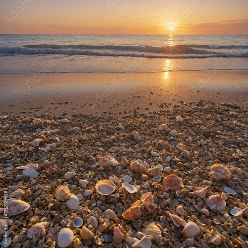 A quiet beach at dusk, with a scattering of seashells along the shoreline. The fading sunlight casts a warm, golden glow over the sand, and the ocean reflects the soft, pinkish hues of the sky. photo