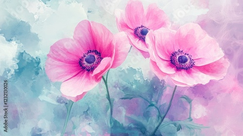 Wallpaper Mural Delicate Pink Anemone Flowers Watercolor Painting Torontodigital.ca