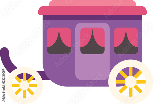 Purple fairytale carriage with pink roof and yellow wheels waiting for its passengers