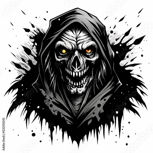 Grim Reaper Illustration with Splattered Ink and Dual Colored Eyes